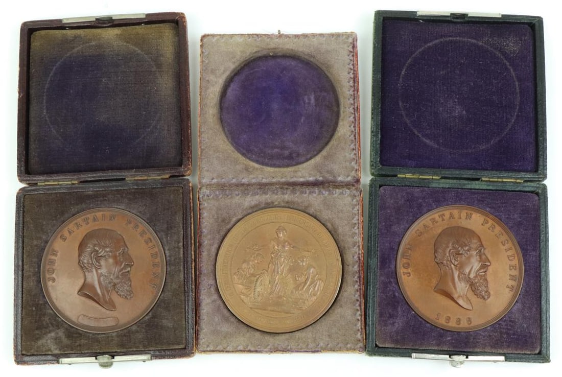 Nineteenth Century Philadelphia Commemorative Cased Medals: Group of three 19th century cased medals with Philadelphia connections including: 1.) Cased 1876 US Centennial 100th Anniversary of American Independence bronze medal 57mm. Medal exhibits nice toning 