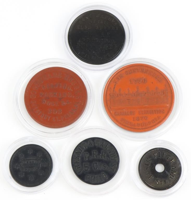 Nineteenth Century Hard Rubber Tokens-Some Transportation: Collection of 6 hard rubber tokens from the 19th century including; 1.) Chestnut & Walnut St. P.R.R. Phila 5-cent token with reverse showing name of “W.W. Colket” and “twenty for one dollar&
