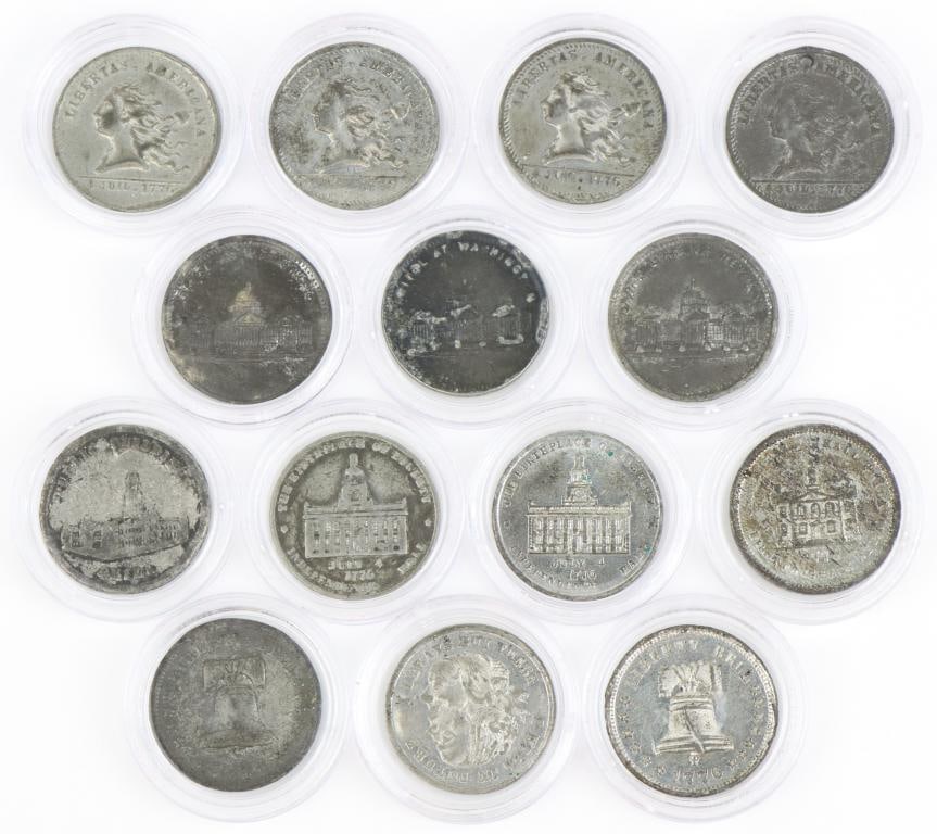 Late 19th Century Philadelphia Trade Tokens: Collection of 16 Philadelphia trade tokens each measuring 23mm and struck in white metal. Collection includes; 1.) John E. Vallee, Locksmith & Bellhanger 1934 Germantown Ave. Token presents Liberty Be