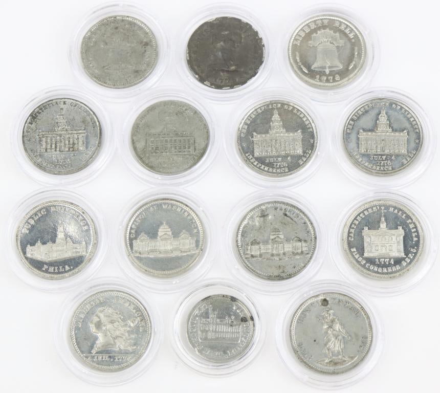 Late 19th Century Philadelphia Trade Tokens: Collection of Philadelphia trade tokens each measuring 23mm and struck in white metal. Collection includes; 1.) N.H. Rice, Continental Clothing Hall, 930 Market St. Token presents Continental Soldier 