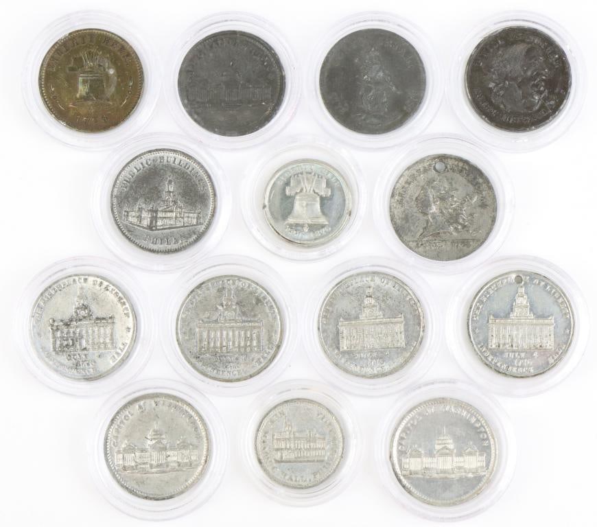 Late 19th Century Philadelphia Trade Tokens: Collection of Philadelphia trade tokens each measuring 23mm and struck in white metal. Collection includes; 1.) John Server, Tobacco, Cigar, and Variety Store, 1646 South 11th St. Token presents Comic