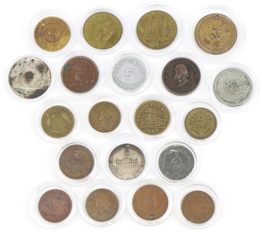 Late 19th Century/Early 20th Century Philadelphia Trade Tokens and Medals: Collection of 20 Philadelphia trade tokens and medals including; 1.) A.B. Taylor, Apothecary and Druggist, Walnut & 9th Sts. Token presents text advertisement for dental materials on reverse is