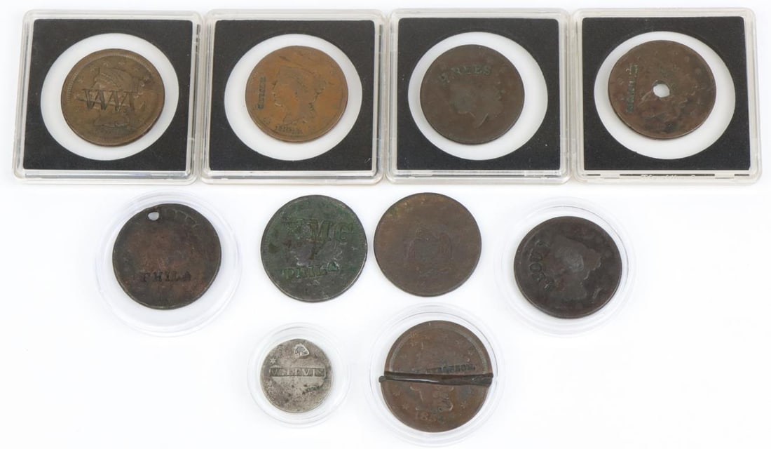 Early 19th Century Counter Stamped U.S. Coins: Collection of 10 counter stamped early United States currency including; 1.) Capped bust 10-cent piece (date unreadable) counter stamped “W.LEVIS”. Coin has been holed. William Levis, a
