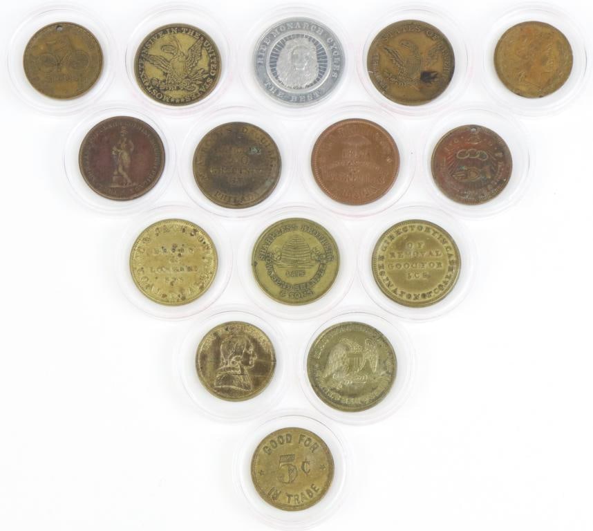 Late 19th Century Philadelphia Trade Tokens: Collection of 15 Philadelphia trade tokens including; 1.) Browning Bothers, Druggists, 33 Market St. Token presents product information and American eagle on reverse is brass and measures 28mm. 2.)