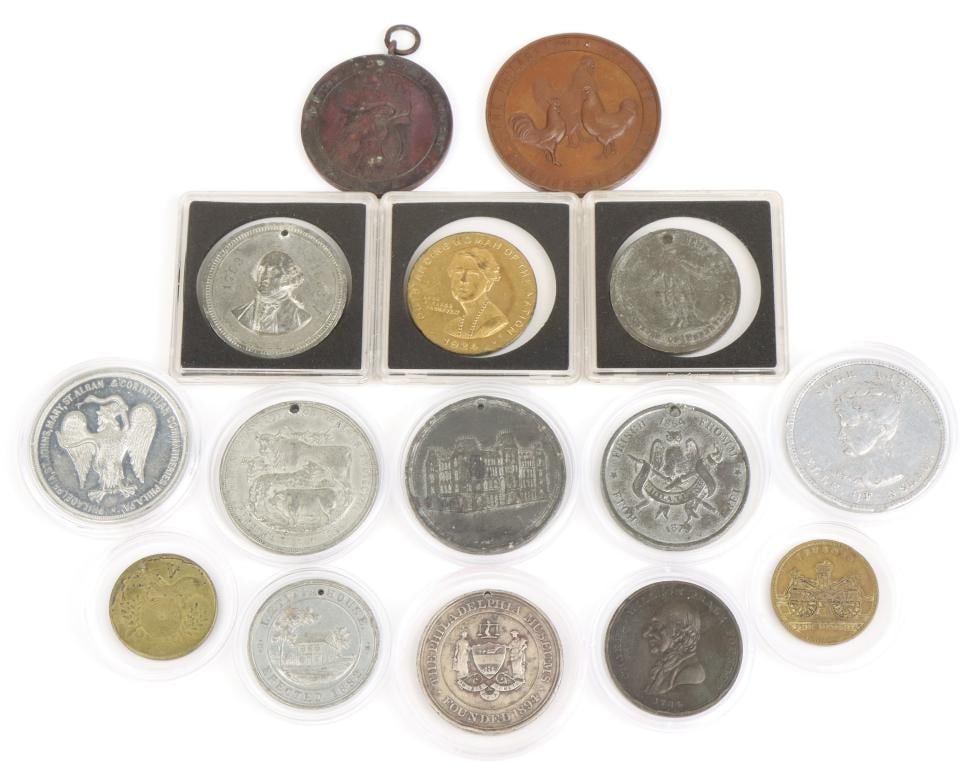 19th and early 20th Century Philadelphia event, anniversary, and organizational medals: Collection of 15 Philadelphia event, anniversary, and organizational medals including; 1.) Letitia House bicentennial celebration in 1882 Medal is white metal, measures 30mm and is holed at top 2.)