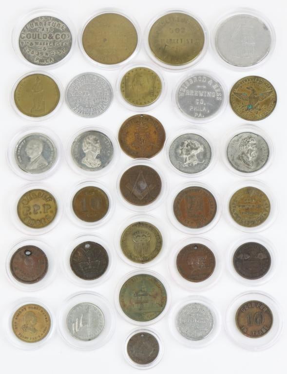 Late 19th Century/Early 20th Century Philadelphia Trade Tokens: Collection of 30 Philadelphia trade tokens including; 1.) PPP Relief Shoes, 134 South 8th St. Token presents “One Shine” on reverse is brass and measures 26mm. 2.) Bonner Bros. Philadelphia.