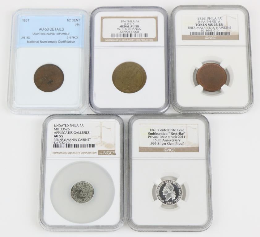 Graded and Slabbed Philadelphia Tokens with Confederate 1-cent Restrike: Collection of 5 tokens/coins that have been “slabbed” (4 by NGC) including; 1.) Smithsonian restrike of 1861 Confederate Cent in .999 Silver proof done on the 150th anniversary. NGC slabbed.