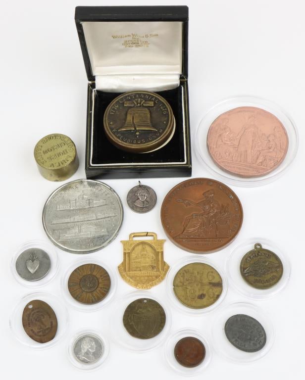 Medals & Related Centennial, Great Central Fair (1864) and Sesqui-Centennial: Collection of 16 United States Centennial, Great Central Fair and Sesqui-Centennial Medals and related material including; 1.) French medal for the 1876 Centennial Exposition held in Philadelphia.