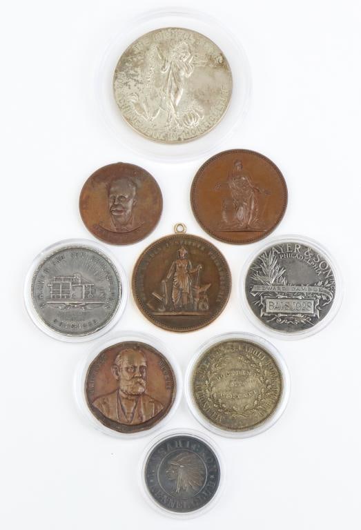 Philadelphia Related Award Medals: Collection of 9 award or commemorative medals including; 1.) Award medal for the Spring Garden Institute with obverse showing woman representing industry. Medal presents recipient’s name engraved