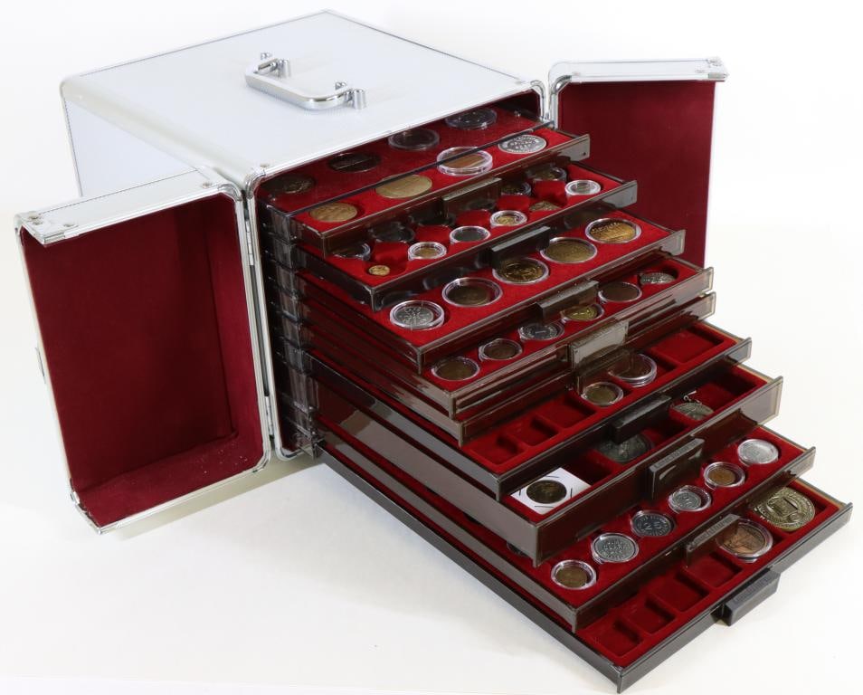 Philadelphia Related Token/Medal Collection with Drawered Carrying Case: Philadelphia related token and medal collection dating from the late 19th to the late 20th century. Collection includes 79 tokens and medals the include store tokens, commemorative medals,