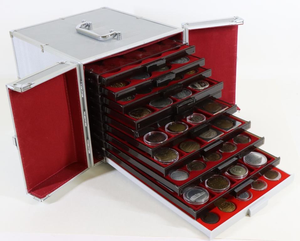 Philadelphia Related Token/Medal Collection with Drawered Carrying Case: Philadelphia related token and medal collection dating from the late 19th to the late 20th century. Collection includes 106 tokens and medals the include store tokens, commemorative medals,