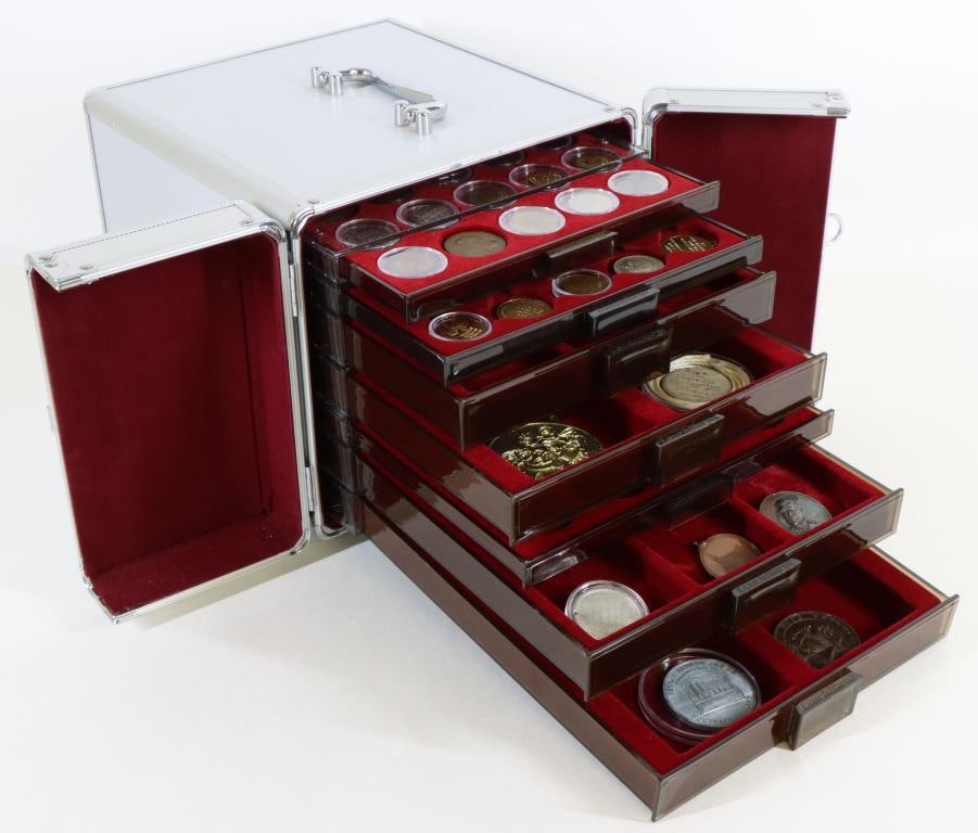 Philadelphia Related Token/Medal Collection with Drawered Carrying Case: Philadelphia related token and medal collection dating from the late 19th to the late 20th century. Collection includes 51 tokens and medals the include store tokens, commemorative medals,