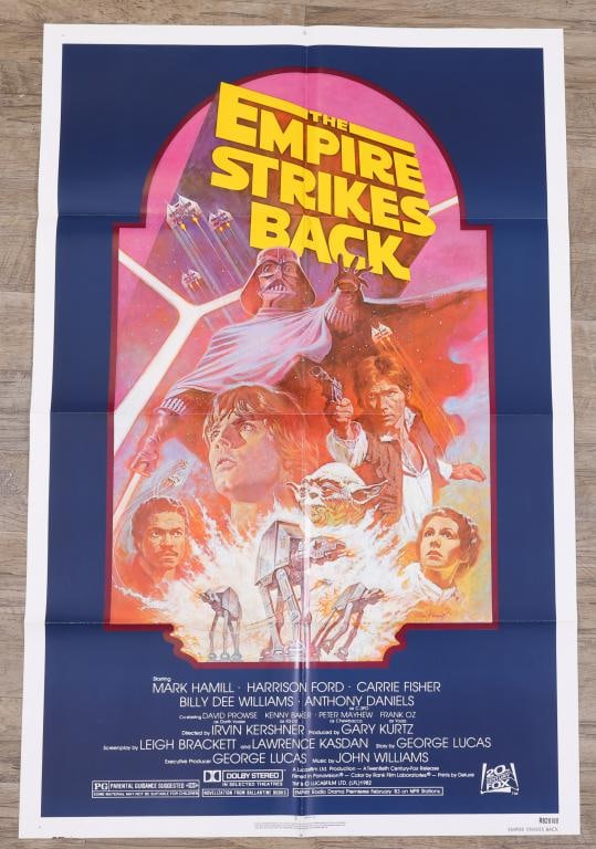 Star Wars Episode V- The Empire Strikes Back Poster: Star Wars re-release 1982 one sheet movie poster, R820180 print run, folded. 41”h x 27”w. Artwork by Tom Jung.