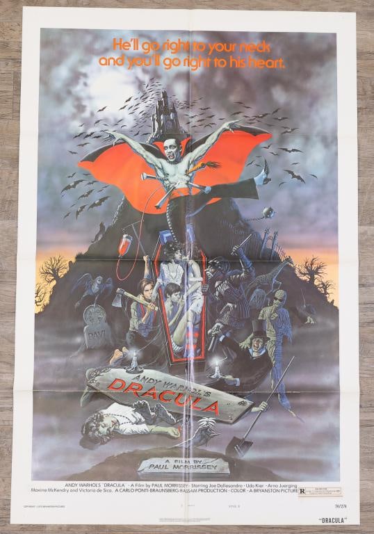 Andy Warhol's Dracula Poster: Andy Warhol’s Dracula original 1974 one sheet movie poster, style B, folded. 41”h x 27”w. Artwork by Ken Barr.