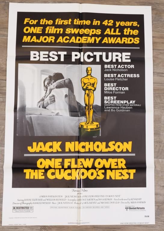 One Flew Over The Cuckoo's Nest Poster: One Flew Over the Cuckoo’s Nest academy awards style 1975 one sheet movie poster, folded. 41”h x 27”w.