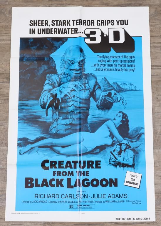 Creature From the Black Lagoon Poster: Creature From the Black Lagoon re-release 1972 one sheet movie poster, folded. 41”h x 27”w.