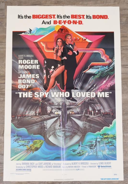 The Spy Who Loved Me Poster: The Spy Who Loved Me original 1977 one sheet movie poster, folded. 41”h x 27”w. Artwork by Bob Peak.