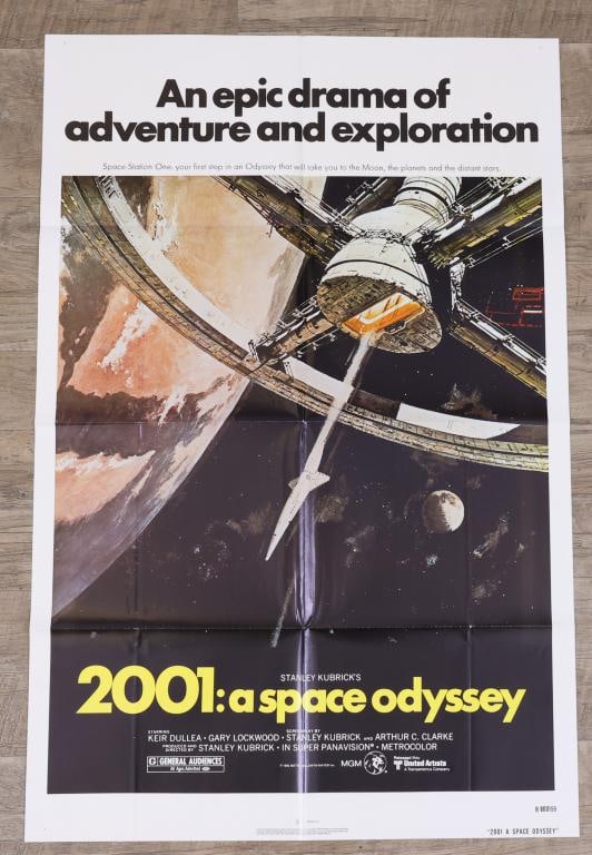 2001: A Space Odyssey Poster: 2001: A Space Odyssey 1980 re-release one sheet movie poster, folded. 41”h x 27”w. Artwork by Bob McCall.