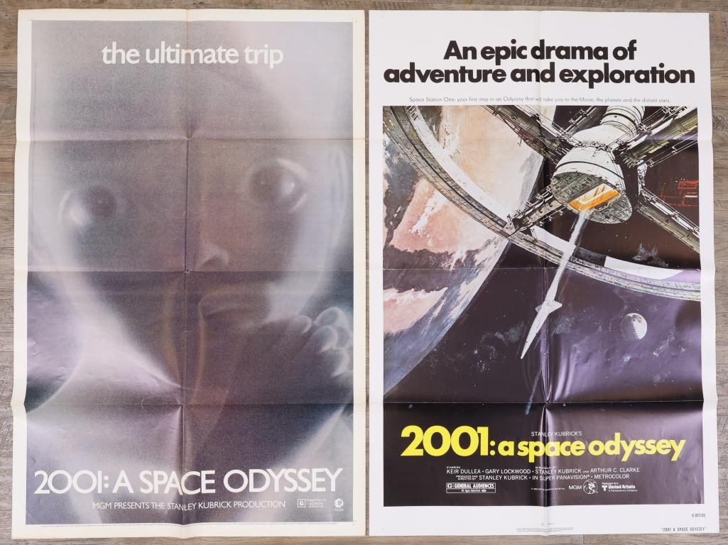 2001: A Space Odyssey Posters: 2001: A Space Odyssey 1971 re-release one sheet movie poster, folded, small tear at center crease fold. 41”h x 27”w. Designed by Mike Kaplan. Includes 2001: A Space Odyssey 1980