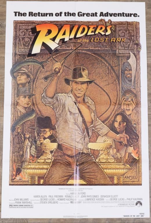 Raiders of the Lost Ark Poster: Raiders of the Lost Ark 1982 re-release one sheet movie poster, folded. 41”h x 27”w. Artwork by Richard Amstel.
