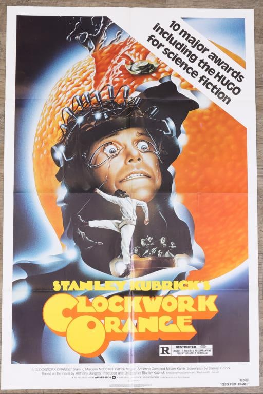 A Clockwork Orange Poster: A Clockwork Orange 1982 re-release one sheet movie poster, folded. 41”h x 27”w.