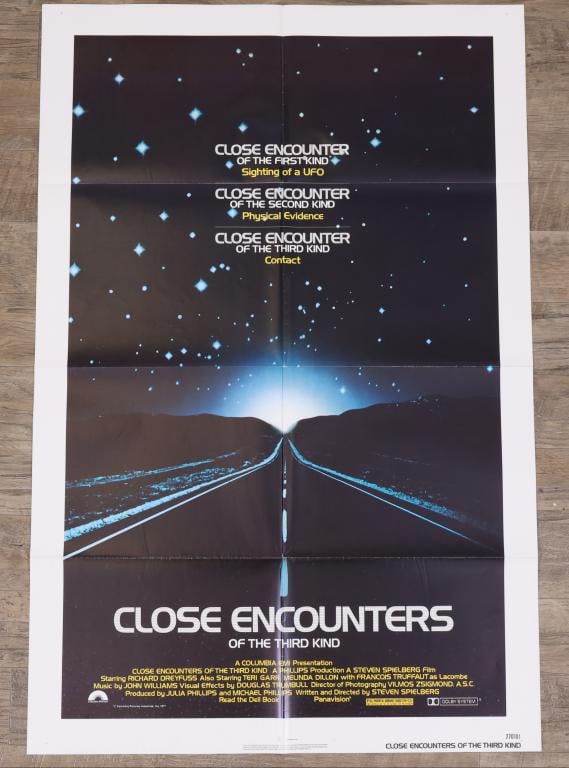 Close Encounters of the Third Kind Poster: Close Encounters of the Third Kind 1977 one sheet movie poster, folded. 41”h x 27”w.