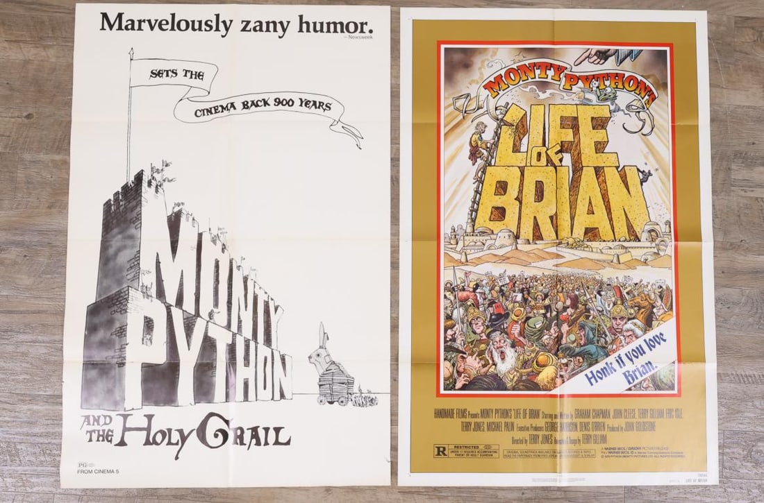 Monty Python Posters: Monty Python and the Holy Grail 1975 one sheet movie poster, folded, artwork by Terry Gilliam and Monty Python’s Life of Brian 1979 one sheet movie poster, style B, folded, artwork by William
