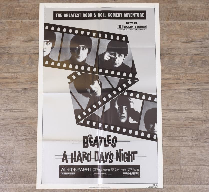 A Hard Day’s Night Poster: A Hard Day’s Night 1982 one sheet movie poster, folded. 41”h x 27”w.