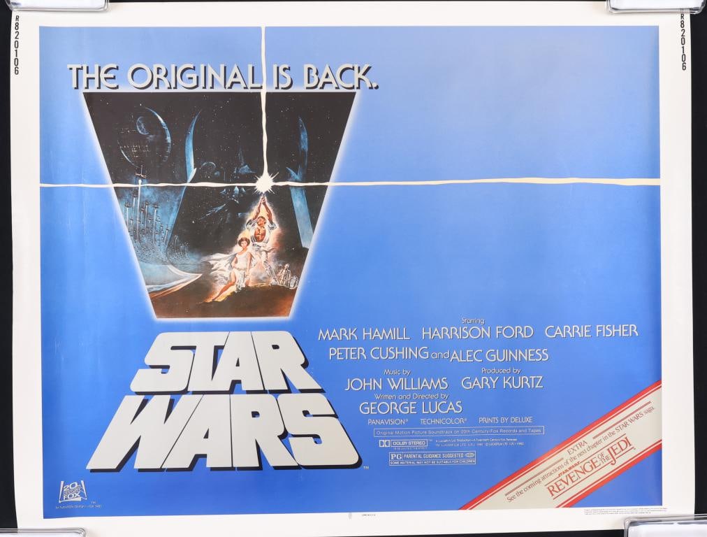 Revenge of the Jedi Poster: Star Wars poster promoting the upcoming release of Revenge of the Jedi, 1977, rolled half sheet matte stock. 22”h x 28”w. Artwork by Tom Jung.