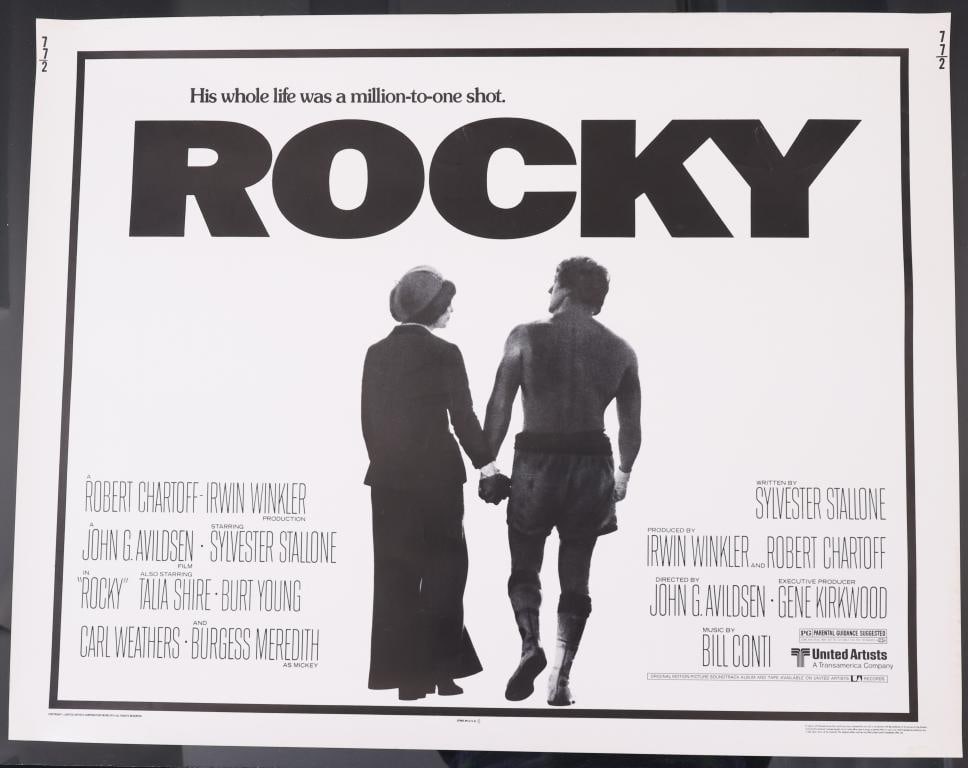 Rocky Poster: Rocky original 1976 half sheet movie poster, rolled. 28”h x 22”w.