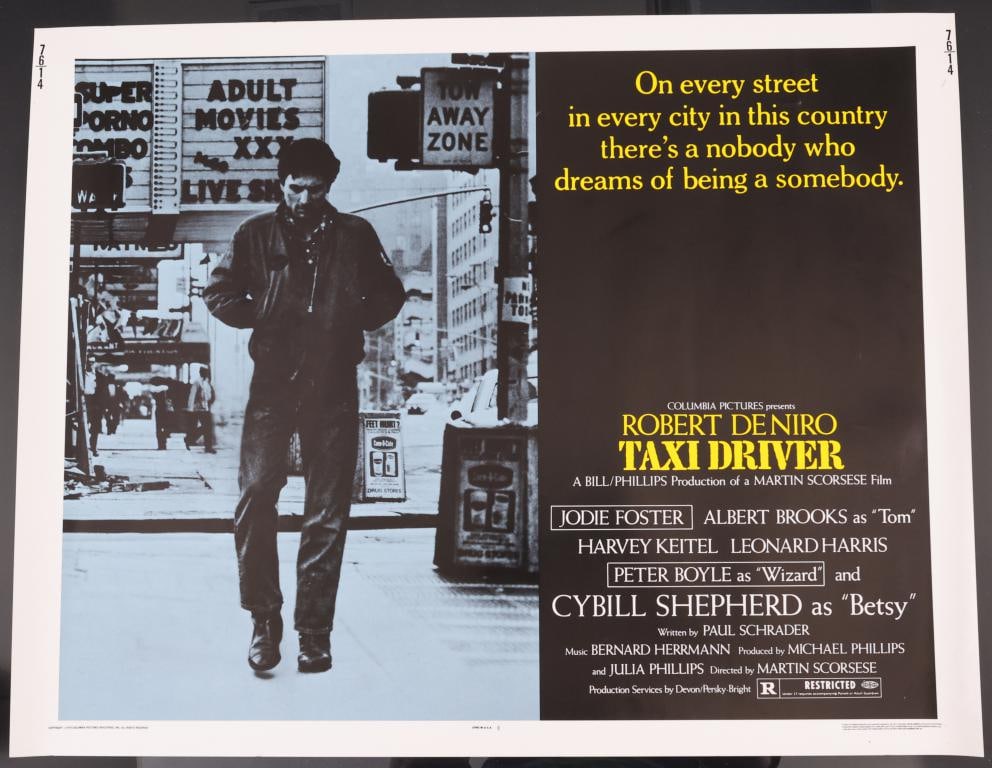 Taxi Driver Poster: Taxi Driver original 1976 half sheet movie poster, rolled. 28”h x 22”w. Tape on back corners.
