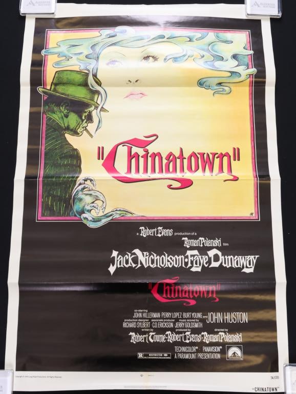 Chinatown Poster: Chinatown original 1974 one sheet movie poster, folded then rolled. 41”h x 27”w. Artwork by Jim Pearsall.