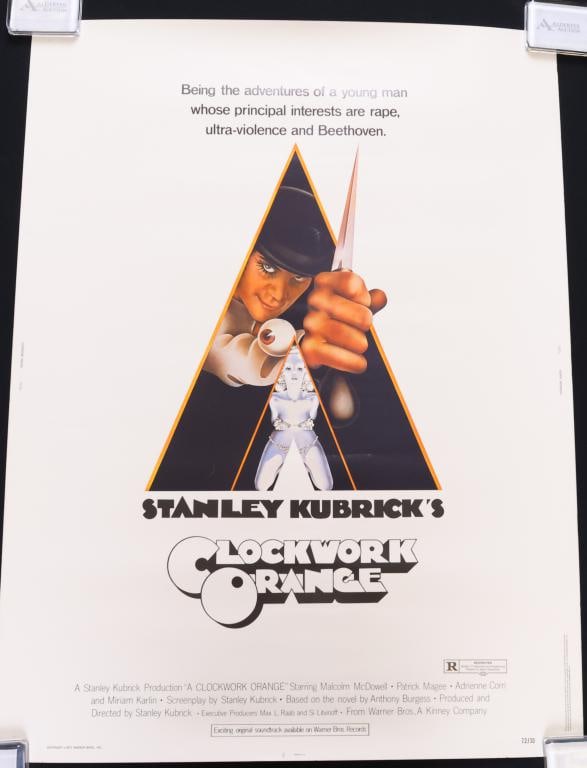 A Clockwork Orange Poster: A Clockwork Orange 1972 matte stock full sheet movie poster, rolled. 40”h x 30”w. Artwork by Phillip Castle. Small tear to corner.