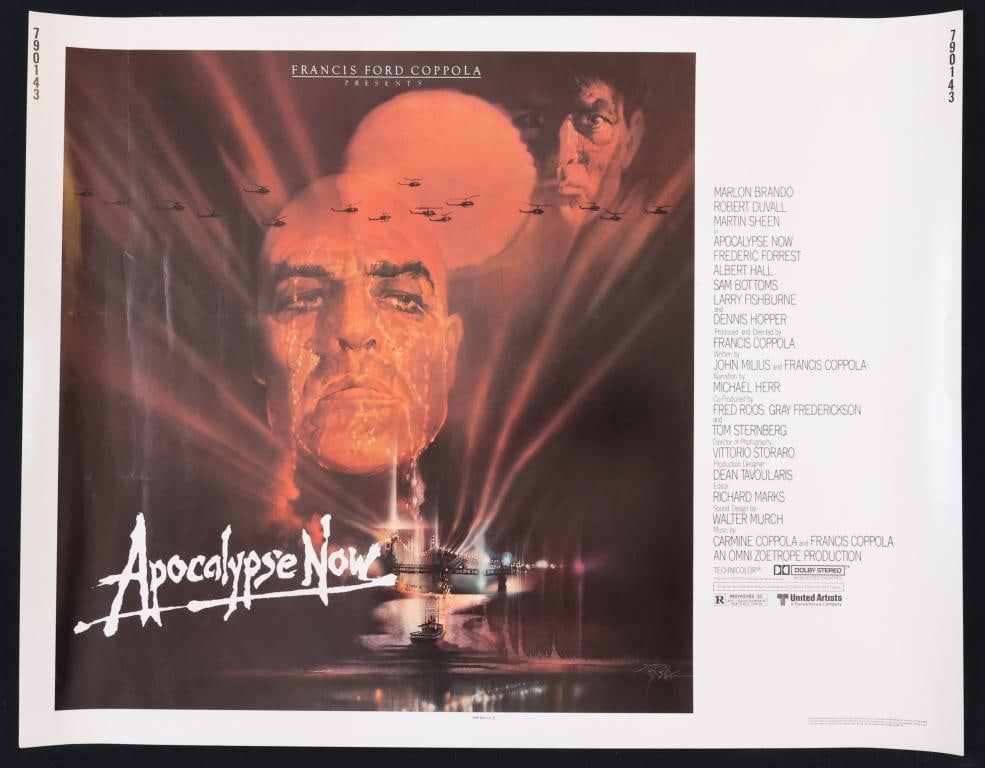 Apocalypse Now Poster: Apocalypse Now 1979 half sheet movie poster, rolled. 22”h x 28”w. Creases from rolling. Artwork by Bob Peak.