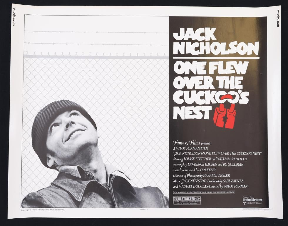 One Flew Over the Cuckoo's Nest Poster: One Flew Over the Cuckoo’s Nest 1975 half sheet movie poster, rolled. 22”h x 28”w.