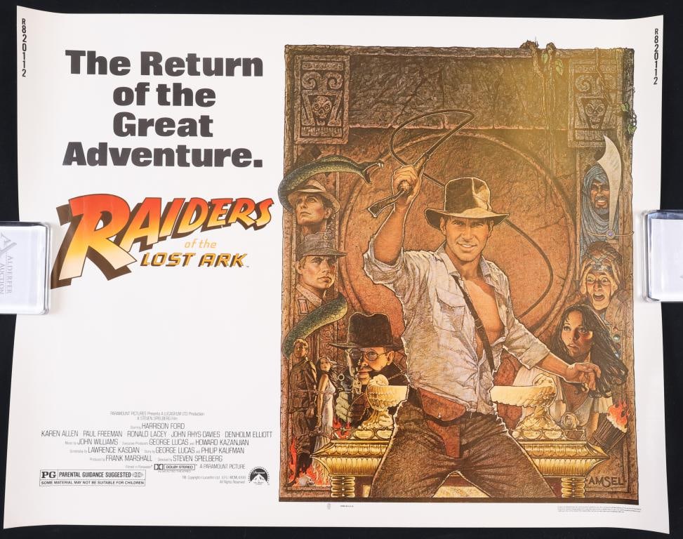 Raiders of the Lost Ark Poster: Raiders of the Lost Ark 1982 re-release half sheet movie poster, rolled. 22”h x 28”w. Artwork by Richard Amsel.