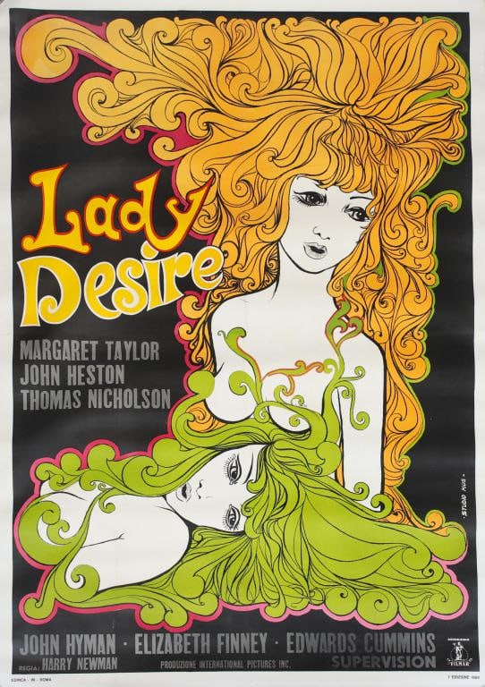 Mario de Berardinis (MOS) Lady Desire (1969) Italian Movie Poster: Original Italian movie poster for Lady Desire (1969), featuring psychedelic Pop Art-style artwork by Mario de Berardinis (MOS). Starring Margaret Taylor, John Heston, Thomas Nicholson, John Hyman, Eli