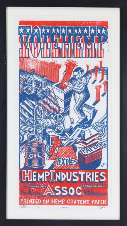 Jim Pollock Hemp Industries Association "Vote Hemp" Screenprint: Screenprint, SLR, created for the Hemp Industries Association's "Vote Hemp" campaign. Edition 538/600, 24"h x 11.5"w sight; 28"h x 15.5"w, framed.