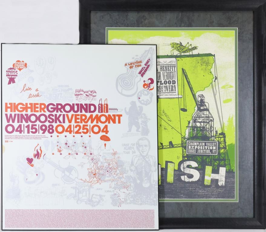Phish Concert Posters (2): (2) Phish concert posters, including a Higher Ground, Winooski, Vermont poster commemorating performances from April 15, 1998 through April 25, 2004, and a signed A Benefit for Vermont Flood Recovery 