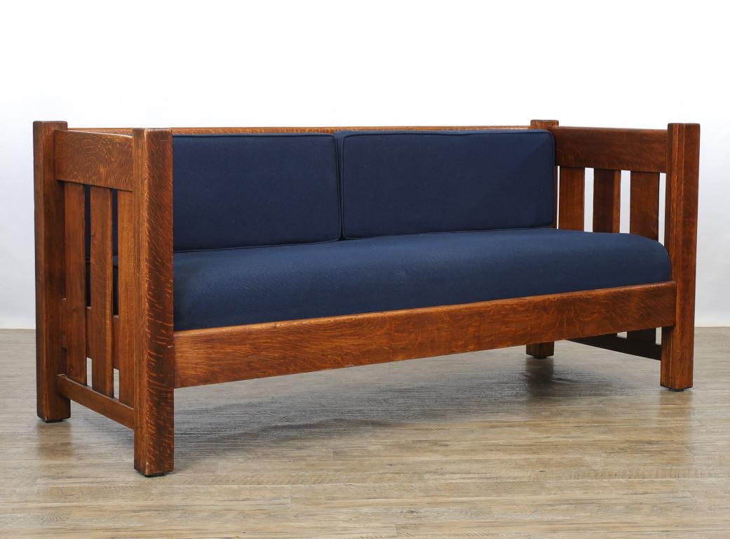 Arts & Crafts Style Sofa: Quarter-sawn oak with linear posts and splats, and blue textured seats and back. 32.5"h x 72"w x 28"d