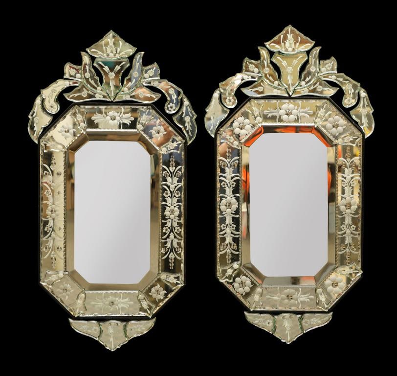 Venetian Bevel Glass Mirrors: Octagonal shape with pierced crests and pendants, reverse etched painted floral and foliate motifs. Pair 30"h x 16"w