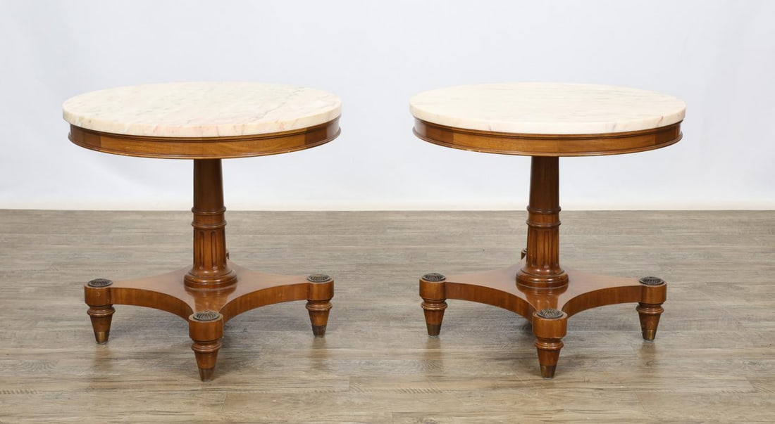 Weiman "Heirloom" Marble Top End Tables: Mahogany with circular marble tops with turned and reeded pedestals, on brass cap tapered turret legs. Labeled on underside. 24"h x 26"w