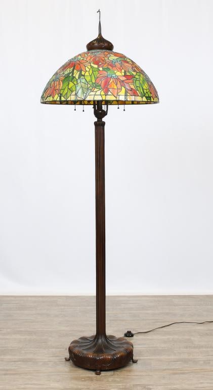 Slag Glass Floor Lamp: Molded columnar stem continuous to a round foliate base on hammered feet. Overall 79"h, shade 12"h x 26"w