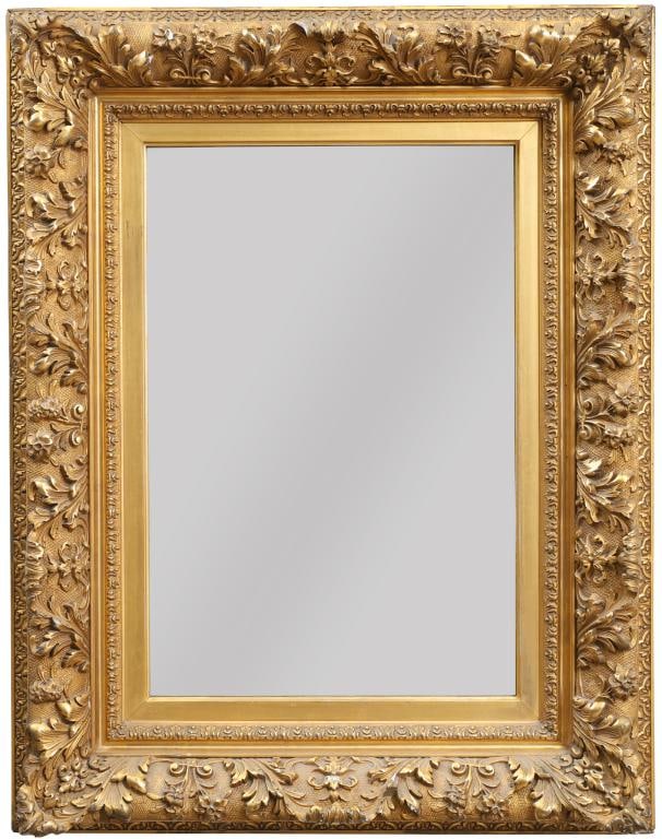 Gilt and Gesso Carved Mirror: Rosette, acanthus, and c-scroll decoration. 35"h x 27.5"w x 4"d