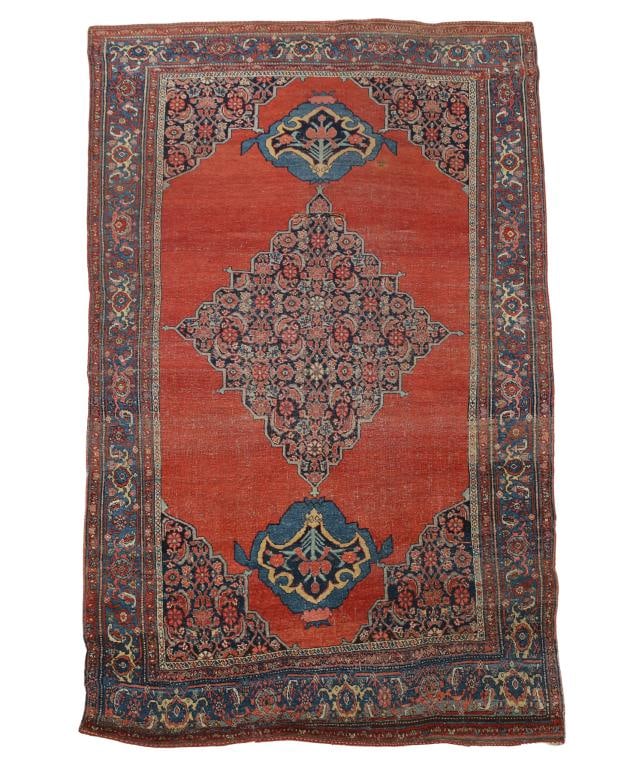 Persian Bijar Rug: Hand knotted having a rectilinear central herati medallion with shield pendants in a dark orange field, herati spandrels, and main border consisitng of alternating palmette and floral cartouches. Othe
