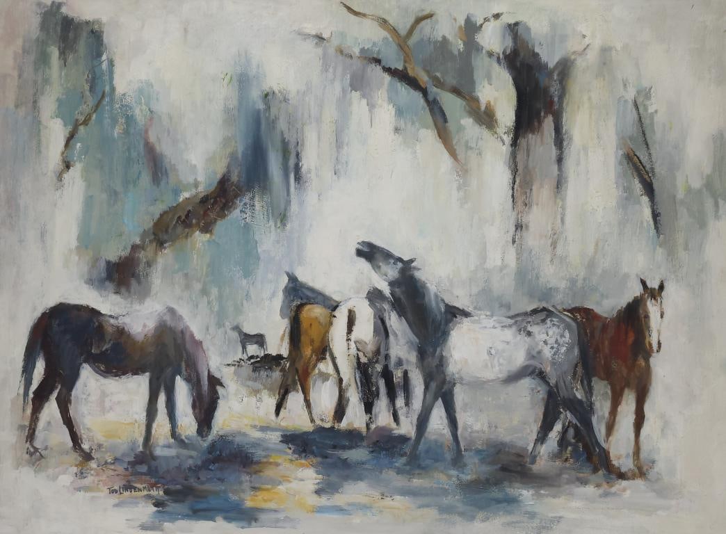 Tod Lindenmuth (1885-1976): Oil on board, SLL. Expressive wispy composition of horses. 24"h x 32"w and 36"h x 44.5"w framed