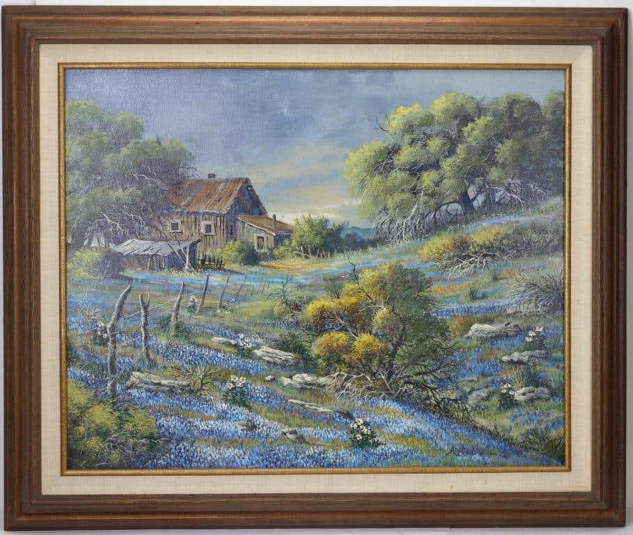 Arnold Vail (1922-1995): Oil on board, SLR. Rocky landscape covered with blue/purple flowers and wood slat house with lean-to. 31"h x 37"w overall