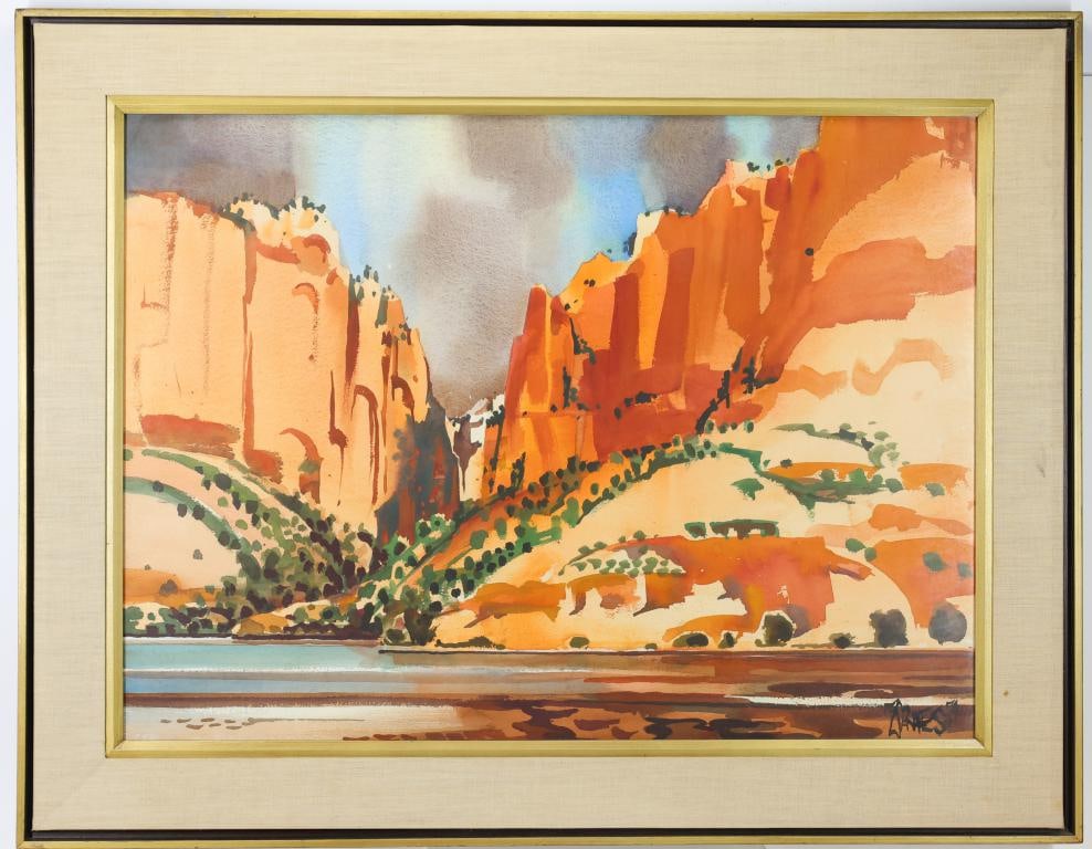 Milford Zornes (1908-2008): Watercolor, "Vermilion Cliffs", SDLR '74. Expansive landscape of National Monument. 19"h x 28"w and 29"h x 37"w framed