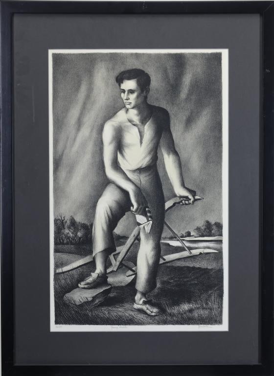 Benton Spruance (1904-1967): Lithograph, "Young Lincoln", from an edition of 50, SLR. A strapping young Abraham Lincoln standing in a field and leaning on a plow. 18.5"h x 12"w sight and 25"h x 18.5"w framed