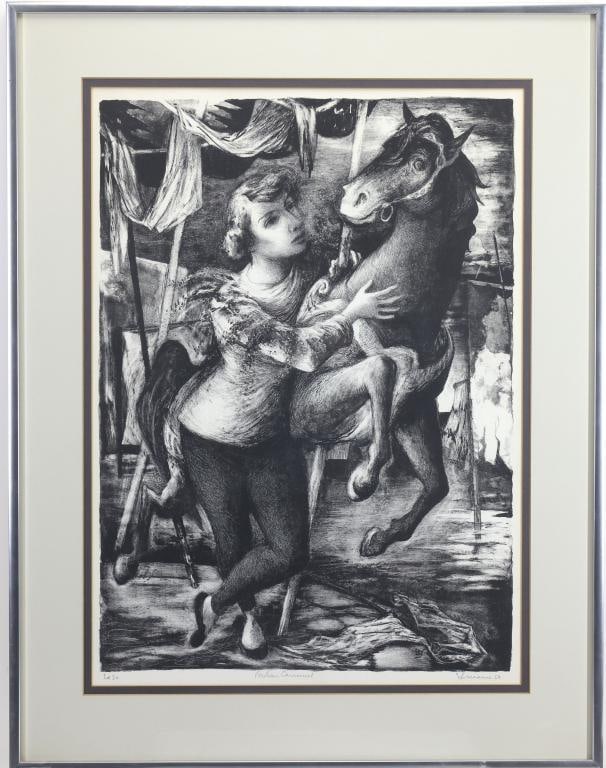 Benton Spruance (1904-1967): Lithograph, "Broken Carousel", from an edition of 30, SDLR '50. A young woman embracing a horse, background is draped fabric. 19"h x 14"w sight and 24.5"h x 19"w framed